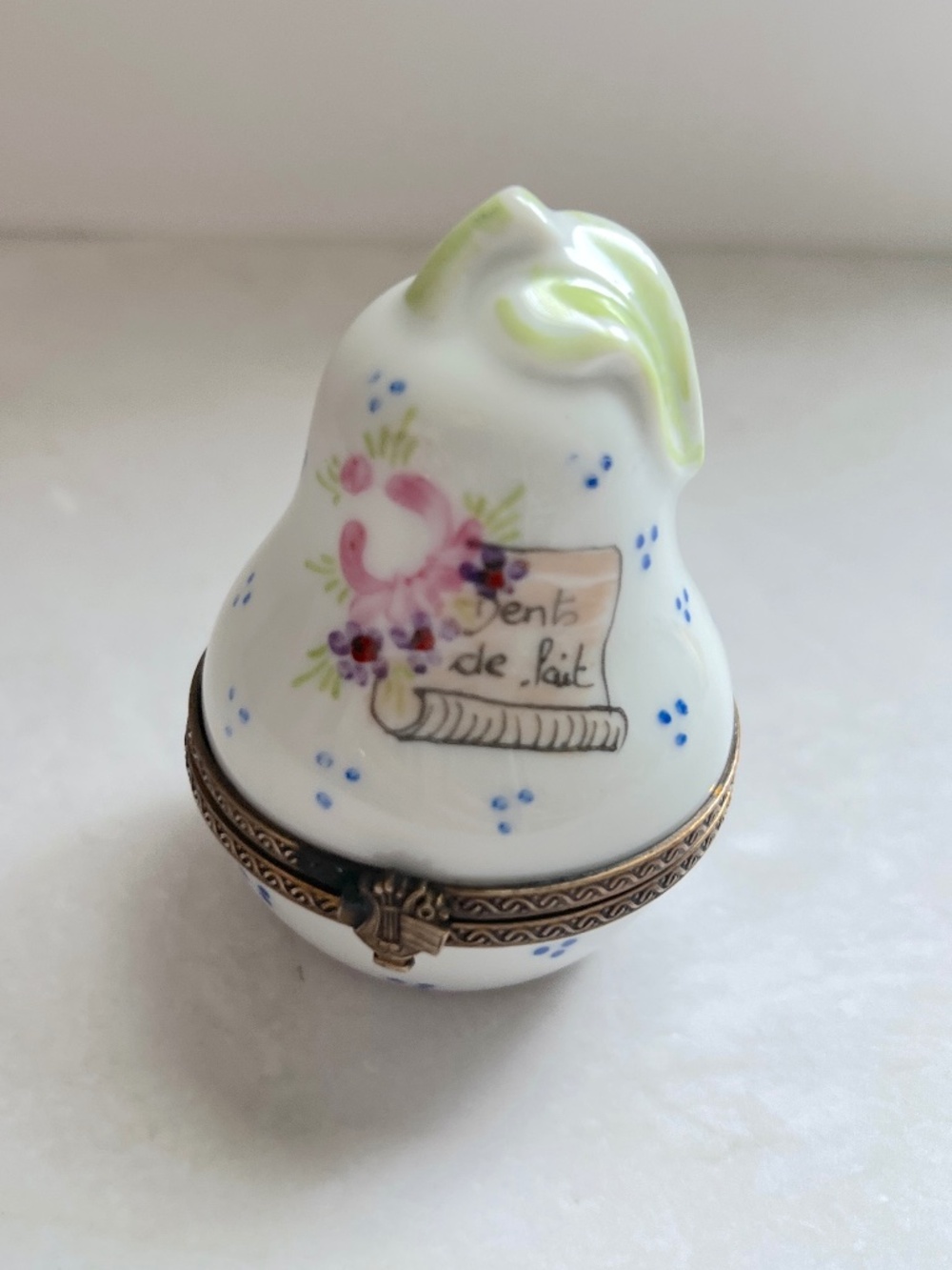 Hand Painted Limoges France Baby Tooth Box Dent de Lait Peint Main Pear Shape